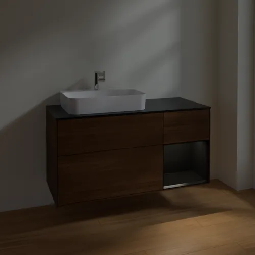VILLEROY BOCH Finion Waschbeckenunterschrank, mit Beleuchtung, 3 Auszüge, 1200 x 603 x 501 mm, Walnut Veneer / Black Matt Lacquer / Glass Black Matt #F402PDGN, Bild 5
