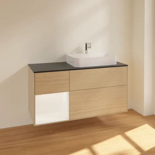 Bild von VILLEROY BOCH Finion Waschbeckenunterschrank, mit Beleuchtung, 3 Auszüge, 1200 x 603 x 501 mm, Oak Veneer / White Matt Lacquer / Glass Black Matt #F392MTPC