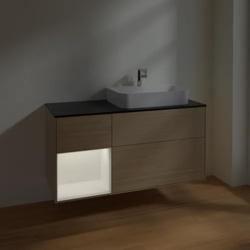 Bild von VILLEROY BOCH Finion Waschbeckenunterschrank, mit Beleuchtung, 3 Auszüge, 1200 x 603 x 501 mm, Oak Veneer / White Matt Lacquer / Glass Black Matt #F392MTPC