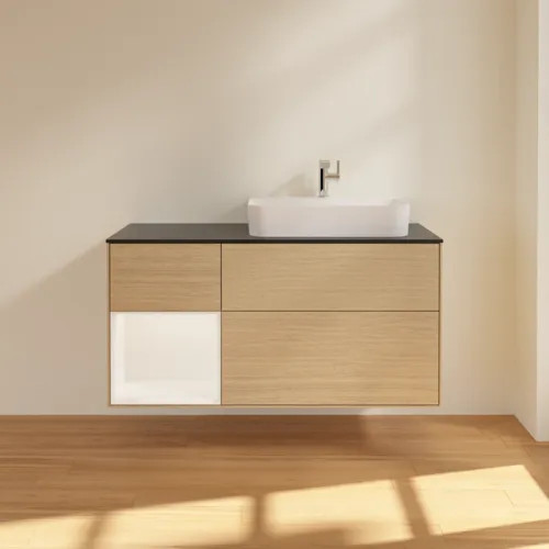 Bild von VILLEROY BOCH Finion Waschbeckenunterschrank, mit Beleuchtung, 3 Auszüge, 1200 x 603 x 501 mm, Oak Veneer / White Matt Lacquer / Glass Black Matt #F392MTPC