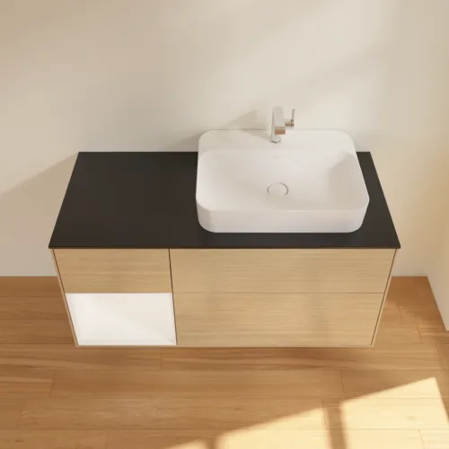 Bild von VILLEROY BOCH Finion Waschbeckenunterschrank, mit Beleuchtung, 3 Auszüge, 1200 x 603 x 501 mm, Oak Veneer / White Matt Lacquer / Glass Black Matt #F392MTPC