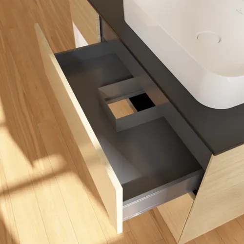 Bild von VILLEROY BOCH Finion Waschbeckenunterschrank, mit Beleuchtung, 3 Auszüge, 1200 x 603 x 501 mm, Oak Veneer / White Matt Lacquer / Glass Black Matt #F392MTPC