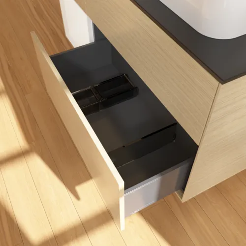 Bild von VILLEROY BOCH Finion Waschbeckenunterschrank, mit Beleuchtung, 3 Auszüge, 1200 x 603 x 501 mm, Oak Veneer / White Matt Lacquer / Glass Black Matt #F392MTPC