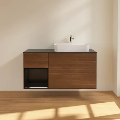 VILLEROY BOCH Finion Waschbeckenunterschrank, mit Beleuchtung, 3 Auszüge, 1200 x 603 x 501 mm, Walnut Veneer / Black Matt Lacquer / Glass Black Matt #F392PDGN, Bild 3