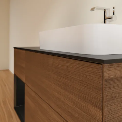 VILLEROY BOCH Finion Waschbeckenunterschrank, mit Beleuchtung, 3 Auszüge, 1200 x 603 x 501 mm, Walnut Veneer / Black Matt Lacquer / Glass Black Matt #F392PDGN, Bild 6