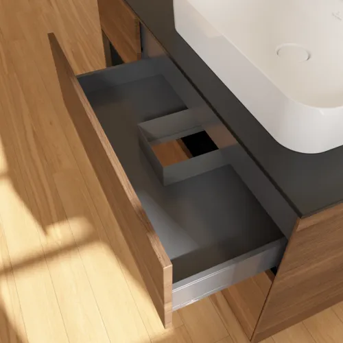 VILLEROY BOCH Finion Waschbeckenunterschrank, mit Beleuchtung, 3 Auszüge, 1200 x 603 x 501 mm, Walnut Veneer / Black Matt Lacquer / Glass Black Matt #F392PDGN, Bild 8
