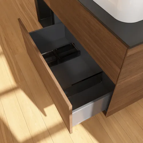 VILLEROY BOCH Finion Waschbeckenunterschrank, mit Beleuchtung, 3 Auszüge, 1200 x 603 x 501 mm, Walnut Veneer / Black Matt Lacquer / Glass Black Matt #F392PDGN, Bild 7