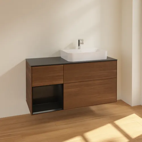 VILLEROY BOCH Finion Waschbeckenunterschrank, mit Beleuchtung, 3 Auszüge, 1200 x 603 x 501 mm, Walnut Veneer / Black Matt Lacquer / Glass Black Matt #F392PDGN, Bild 2