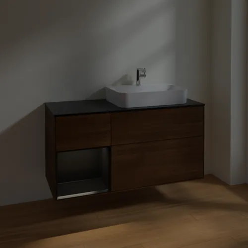 VILLEROY BOCH Finion Waschbeckenunterschrank, mit Beleuchtung, 3 Auszüge, 1200 x 603 x 501 mm, Walnut Veneer / Black Matt Lacquer / Glass Black Matt #F392PDGN, Bild 5