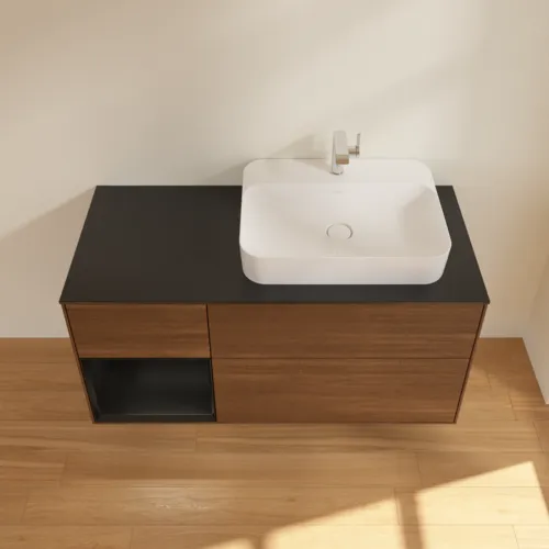 VILLEROY BOCH Finion Waschbeckenunterschrank, mit Beleuchtung, 3 Auszüge, 1200 x 603 x 501 mm, Walnut Veneer / Black Matt Lacquer / Glass Black Matt #F392PDGN, Bild 4
