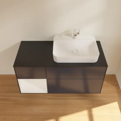 VILLEROY BOCH Finion Waschbeckenunterschrank, mit Beleuchtung, 3 Auszüge, 1200 x 603 x 501 mm, Midnight Blue Matt Lacquer / Glossy White Lacquer / Glass Black Matt #F392GFHG, Bild 4