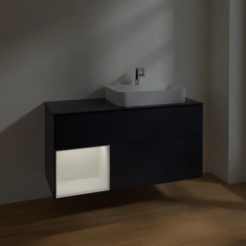 VILLEROY BOCH Finion Waschbeckenunterschrank, mit Beleuchtung, 3 Auszüge, 1200 x 603 x 501 mm, Midnight Blue Matt Lacquer / Glossy White Lacquer / Glass Black Matt #F392GFHG, Bild 5