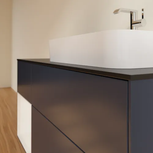 VILLEROY BOCH Finion Waschbeckenunterschrank, mit Beleuchtung, 3 Auszüge, 1200 x 603 x 501 mm, Midnight Blue Matt Lacquer / Glossy White Lacquer / Glass Black Matt #F392GFHG, Bild 6
