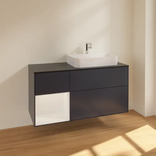 VILLEROY BOCH Finion Waschbeckenunterschrank, mit Beleuchtung, 3 Auszüge, 1200 x 603 x 501 mm, Midnight Blue Matt Lacquer / Glossy White Lacquer / Glass Black Matt #F392GFHG, Bild 2