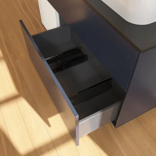 VILLEROY BOCH Finion Waschbeckenunterschrank, mit Beleuchtung, 3 Auszüge, 1200 x 603 x 501 mm, Midnight Blue Matt Lacquer / Glossy White Lacquer / Glass Black Matt #F392GFHG, Bild 7