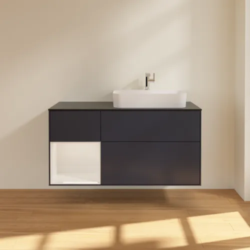 VILLEROY BOCH Finion Waschbeckenunterschrank, mit Beleuchtung, 3 Auszüge, 1200 x 603 x 501 mm, Midnight Blue Matt Lacquer / Glossy White Lacquer / Glass Black Matt #F392GFHG, Bild 3
