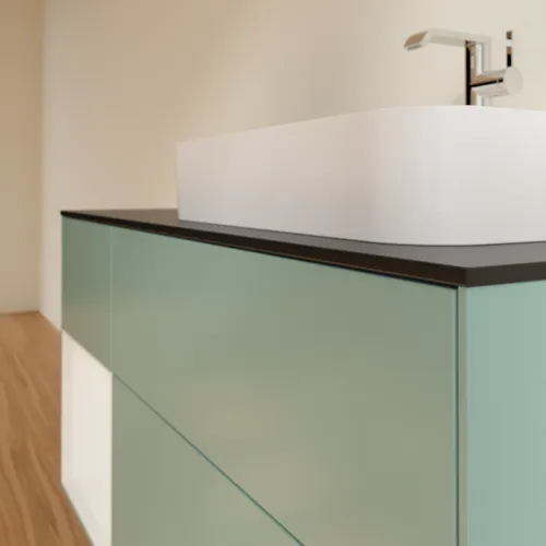 Bild von VILLEROY BOCH Finion Waschbeckenunterschrank, mit Beleuchtung, 3 Auszüge, 1200 x 603 x 501 mm, Olive Matt Lacquer / Glossy White Lacquer / Glass Black Matt #F392GFGM