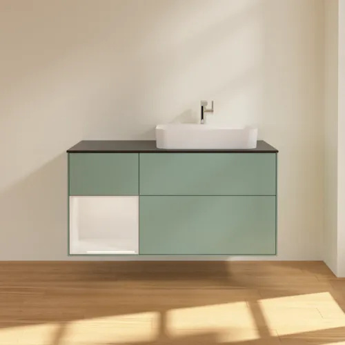 Bild von VILLEROY BOCH Finion Waschbeckenunterschrank, mit Beleuchtung, 3 Auszüge, 1200 x 603 x 501 mm, Olive Matt Lacquer / Glossy White Lacquer / Glass Black Matt #F392GFGM