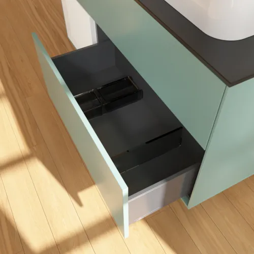Bild von VILLEROY BOCH Finion Waschbeckenunterschrank, mit Beleuchtung, 3 Auszüge, 1200 x 603 x 501 mm, Olive Matt Lacquer / Glossy White Lacquer / Glass Black Matt #F392GFGM