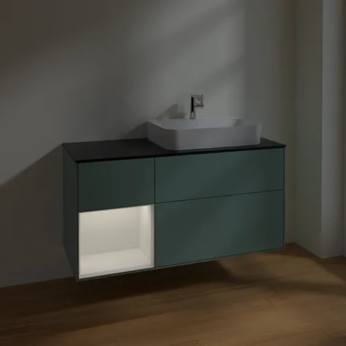 Bild von VILLEROY BOCH Finion Waschbeckenunterschrank, mit Beleuchtung, 3 Auszüge, 1200 x 603 x 501 mm, Olive Matt Lacquer / Glossy White Lacquer / Glass Black Matt #F392GFGM