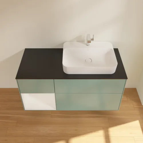 Bild von VILLEROY BOCH Finion Waschbeckenunterschrank, mit Beleuchtung, 3 Auszüge, 1200 x 603 x 501 mm, Olive Matt Lacquer / Glossy White Lacquer / Glass Black Matt #F392GFGM