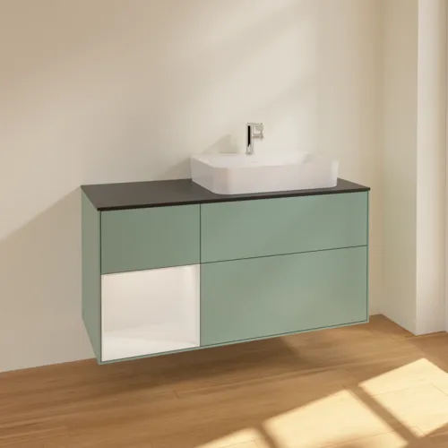 Bild von VILLEROY BOCH Finion Waschbeckenunterschrank, mit Beleuchtung, 3 Auszüge, 1200 x 603 x 501 mm, Olive Matt Lacquer / Glossy White Lacquer / Glass Black Matt #F392GFGM