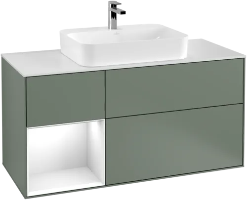Зображення з  VILLEROY BOCH Finion Vanity unit, with lighting, 3 pull-out compartments, 1200 x 603 x 501 mm, Olive Matt Lacquer / Glossy White Lacquer / Glass White Matt #F411GFGM