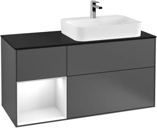 Зображення з  VILLEROY BOCH Finion Vanity unit, with lighting, 3 pull-out compartments, 1200 x 603 x 501 mm, Anthracite Matt Lacquer / Glossy White Lacquer / Glass Black Matt #F392GFGK