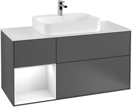 Зображення з  VILLEROY BOCH Finion Vanity unit, with lighting, 3 pull-out compartments, 1200 x 603 x 501 mm, Anthracite Matt Lacquer / Glossy White Lacquer / Glass White Matt #F411GFGK