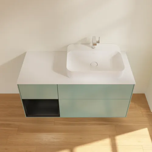 Bild von VILLEROY BOCH Finion Waschbeckenunterschrank, mit Beleuchtung, 3 Auszüge, 1200 x 603 x 501 mm, Olive Matt Lacquer / Black Matt Lacquer / Glass White Matt #F391PDGM