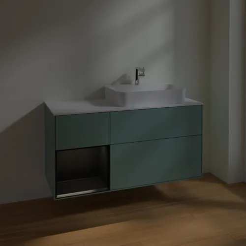 Bild von VILLEROY BOCH Finion Waschbeckenunterschrank, mit Beleuchtung, 3 Auszüge, 1200 x 603 x 501 mm, Olive Matt Lacquer / Black Matt Lacquer / Glass White Matt #F391PDGM
