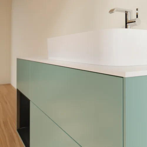 Bild von VILLEROY BOCH Finion Waschbeckenunterschrank, mit Beleuchtung, 3 Auszüge, 1200 x 603 x 501 mm, Olive Matt Lacquer / Black Matt Lacquer / Glass White Matt #F391PDGM