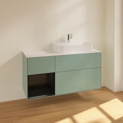 Bild von VILLEROY BOCH Finion Waschbeckenunterschrank, mit Beleuchtung, 3 Auszüge, 1200 x 603 x 501 mm, Olive Matt Lacquer / Black Matt Lacquer / Glass White Matt #F391PDGM