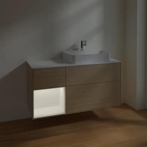 Bild von VILLEROY BOCH Finion Waschbeckenunterschrank, mit Beleuchtung, 3 Auszüge, 1200 x 603 x 501 mm, Oak Veneer / White Matt Lacquer / Glass White Matt #F391MTPC