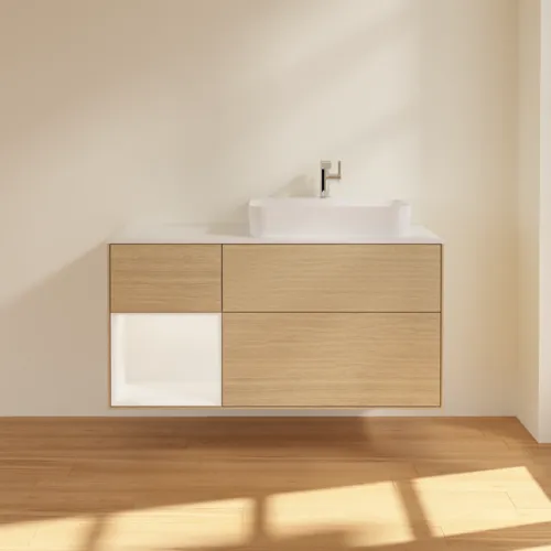 Bild von VILLEROY BOCH Finion Waschbeckenunterschrank, mit Beleuchtung, 3 Auszüge, 1200 x 603 x 501 mm, Oak Veneer / White Matt Lacquer / Glass White Matt #F391MTPC