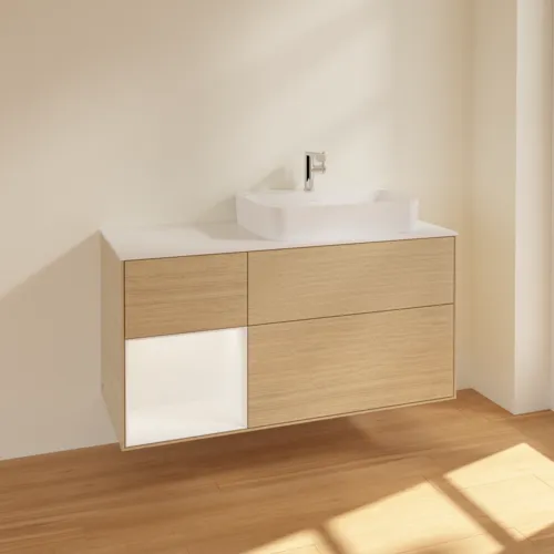 Bild von VILLEROY BOCH Finion Waschbeckenunterschrank, mit Beleuchtung, 3 Auszüge, 1200 x 603 x 501 mm, Oak Veneer / White Matt Lacquer / Glass White Matt #F391MTPC