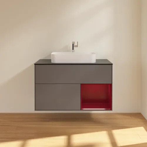 Bild von VILLEROY BOCH Finion Waschbeckenunterschrank, mit Beleuchtung, 2 Auszüge, 1000 x 603 x 501 mm, Anthracite Matt Lacquer / Peony Matt Lacquer / Glass Black Matt #F372HBGK