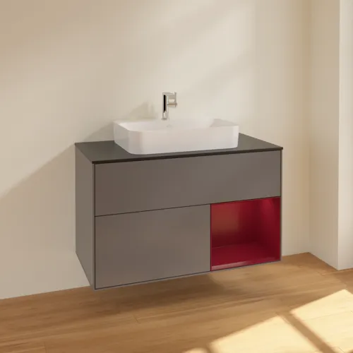 Bild von VILLEROY BOCH Finion Waschbeckenunterschrank, mit Beleuchtung, 2 Auszüge, 1000 x 603 x 501 mm, Anthracite Matt Lacquer / Peony Matt Lacquer / Glass Black Matt #F372HBGK