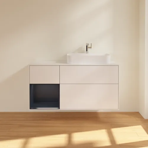 Bild von VILLEROY BOCH Finion Waschbeckenunterschrank, mit Beleuchtung, 3 Auszüge, 1200 x 603 x 501 mm, Glossy White Lacquer / Midnight Blue Matt Lacquer / Glass White Matt #F391HGGF