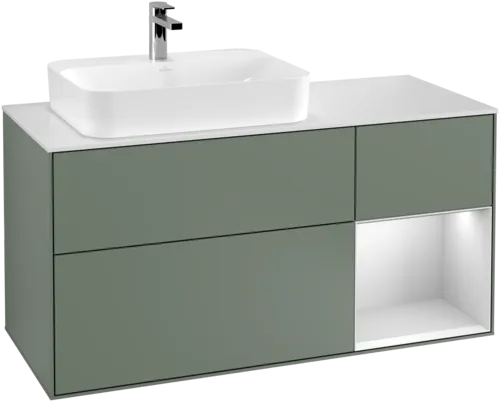 VILLEROY BOCH Finion Vanity unit, with lighting, 3 pull-out compartments, 1200 x 603 x 501 mm, Olive Matt Lacquer / White Matt Lacquer / Glass White Matt #F401MTGM resmi
