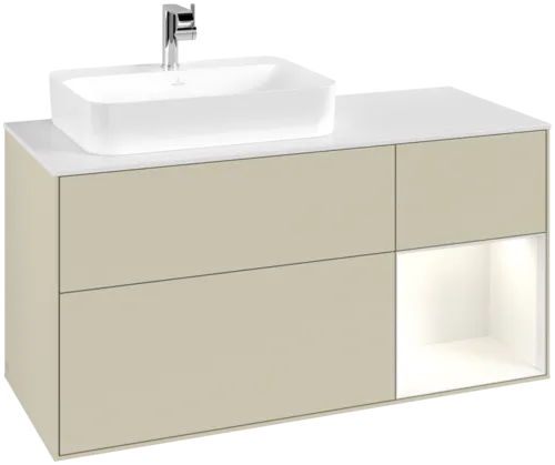 VILLEROY BOCH Finion Vanity unit, with lighting, 3 pull-out compartments, 1200 x 603 x 501 mm, Silk Grey Matt Lacquer / Glossy White Lacquer / Glass White Matt #F401GFHJ resmi