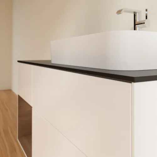 VILLEROY BOCH Finion Waschbeckenunterschrank, mit Beleuchtung, 3 Auszüge, 1200 x 603 x 501 mm, White Matt Lacquer / Walnut Veneer / Glass Black Matt #F392GNMT, Bild 6