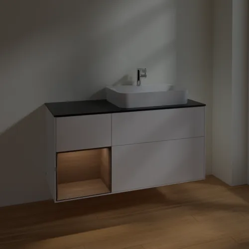 VILLEROY BOCH Finion Waschbeckenunterschrank, mit Beleuchtung, 3 Auszüge, 1200 x 603 x 501 mm, White Matt Lacquer / Walnut Veneer / Glass Black Matt #F392GNMT, Bild 5