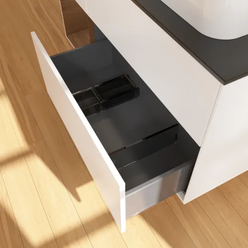 VILLEROY BOCH Finion Waschbeckenunterschrank, mit Beleuchtung, 3 Auszüge, 1200 x 603 x 501 mm, White Matt Lacquer / Walnut Veneer / Glass Black Matt #F392GNMT, Bild 7