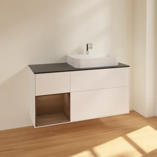 VILLEROY BOCH Finion Waschbeckenunterschrank, mit Beleuchtung, 3 Auszüge, 1200 x 603 x 501 mm, White Matt Lacquer / Walnut Veneer / Glass Black Matt #F392GNMT, Bild 2