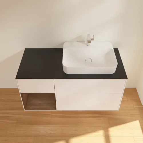 VILLEROY BOCH Finion Waschbeckenunterschrank, mit Beleuchtung, 3 Auszüge, 1200 x 603 x 501 mm, White Matt Lacquer / Walnut Veneer / Glass Black Matt #F392GNMT, Bild 4