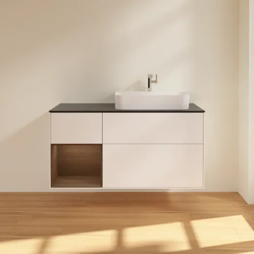 VILLEROY BOCH Finion Waschbeckenunterschrank, mit Beleuchtung, 3 Auszüge, 1200 x 603 x 501 mm, White Matt Lacquer / Walnut Veneer / Glass Black Matt #F392GNMT, Bild 3