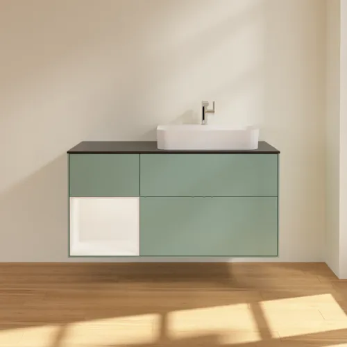 Bild von VILLEROY BOCH Finion Waschbeckenunterschrank, mit Beleuchtung, 3 Auszüge, 1200 x 603 x 501 mm, Olive Matt Lacquer / White Matt Lacquer / Glass Black Matt #F392MTGM