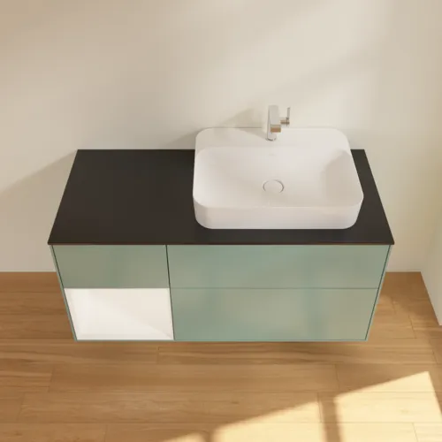 Bild von VILLEROY BOCH Finion Waschbeckenunterschrank, mit Beleuchtung, 3 Auszüge, 1200 x 603 x 501 mm, Olive Matt Lacquer / White Matt Lacquer / Glass Black Matt #F392MTGM