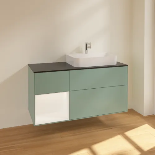 Bild von VILLEROY BOCH Finion Waschbeckenunterschrank, mit Beleuchtung, 3 Auszüge, 1200 x 603 x 501 mm, Olive Matt Lacquer / White Matt Lacquer / Glass Black Matt #F392MTGM